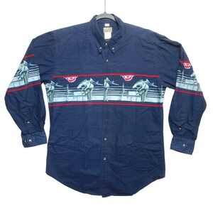 Express Rider Shirt Mens XL Navy Long Sleeve Rodeo Horse Graphic Button Down